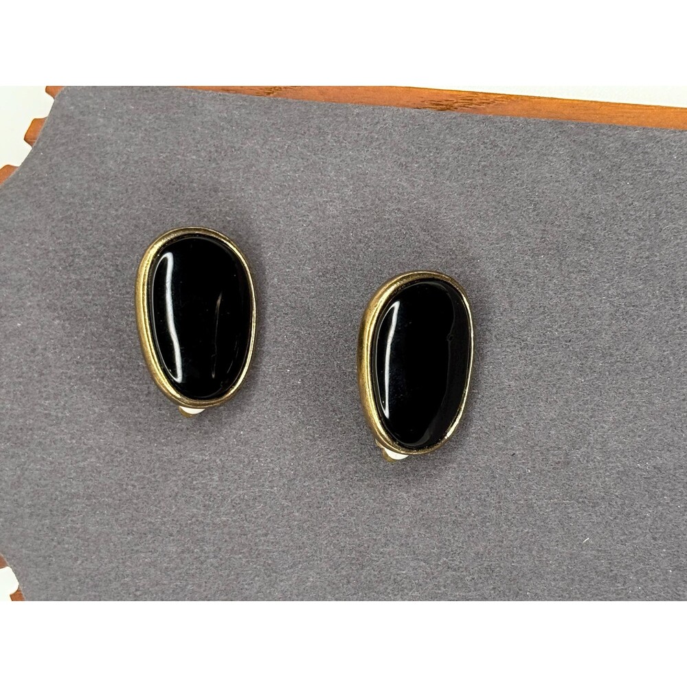 Vintage Black Cabochon Gold Clip On Earrings Minimalist Oval Statement 80s 90s - Picture 4 of 9